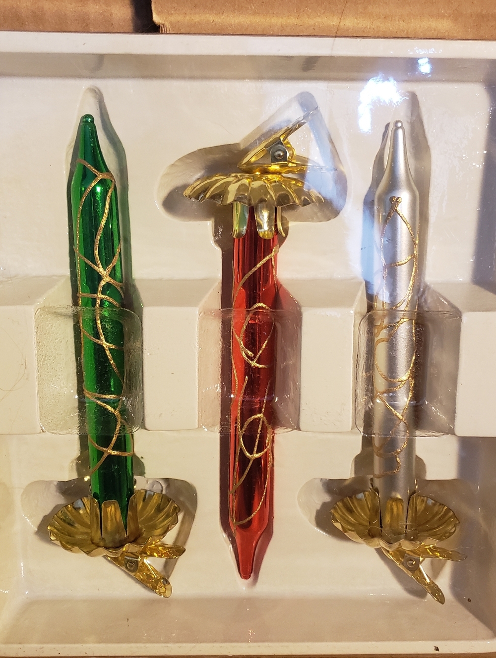Set Of 3 Vintage Clip On Tree "Candles"  Blown Glass/ Metal New Red, Green, Slvr